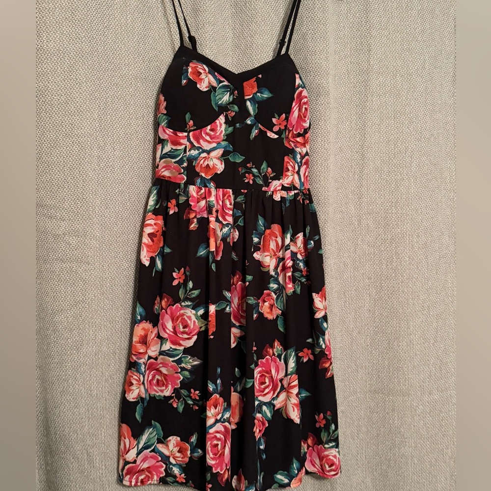 Xhilaration Black Dress with Pink Floral Pattern
